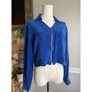 Vintage 90s Blue Cropped Blouse Zip Up Front Street Size Small